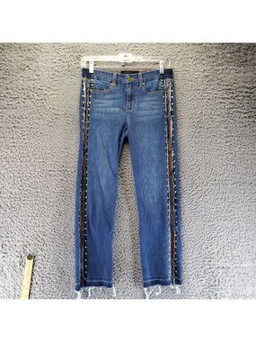 Liverpool Jeans Womens Size 2 Blue Studded Side Stripe Raw Hem Stretch Cropped